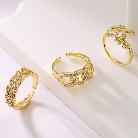 Light Luxury Leaf Branch Geometric Open Ring Gold Plated Copper Cubic Zirconia Micro Paved Adjustable Jewelry For Women