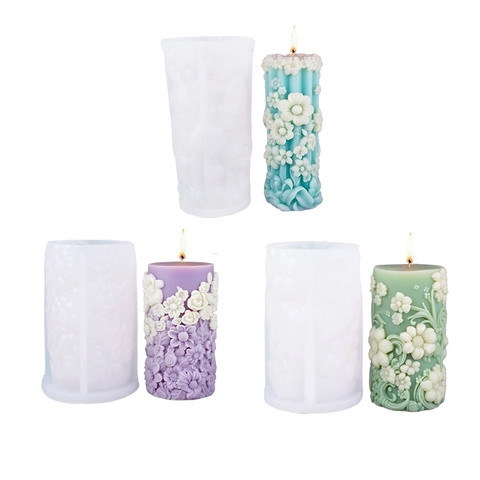 DIY Spring Flower Relief Cylinder Scented Candle Silicone Mold For Homemade Floral Pillar Candles Indoor Decoration Crafting Tools