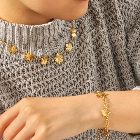 Collana E Bracciale Con Fiori Gioielli Acciaio Inossidabile Placcato Oro Spazzolato Petalo Per Donna Elegante