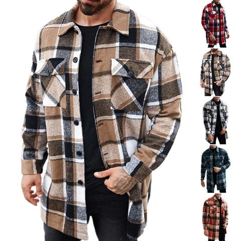 Men Long Plaid Shirt Jacket Single Breasted Lapel Collar Casual Flannel Texture Double Flap Pockets Outerwear Coat Polyester