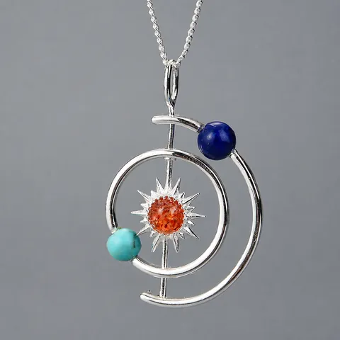 Solar System 925 Sterling Silver Pendant Necklace Natural Stone Planetary Design Retro Creative Jewelry Gift For Women