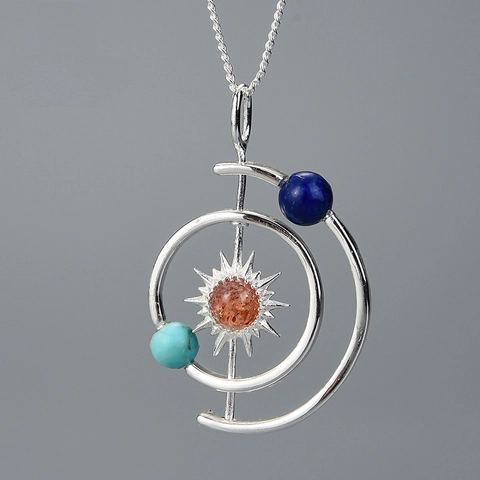 Solar System 925 Sterling Silver Pendant Necklace Natural Stone Planetary Design Retro Creative Jewelry Gift For Women