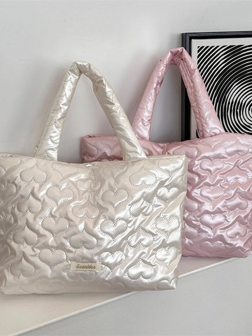 Gesteppte Puffer Tote Tasche Metallic Herz Schmetterling Muster Glänzendes PU Lässige Street Handtasche Für Damen
