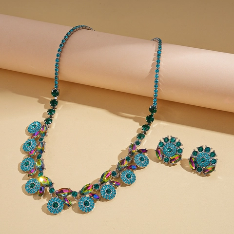 Retro Bohemian Jewelry Necklace And Earrings With Silver Earring Post Colorful Rhinestone Vintage Palace Style Women