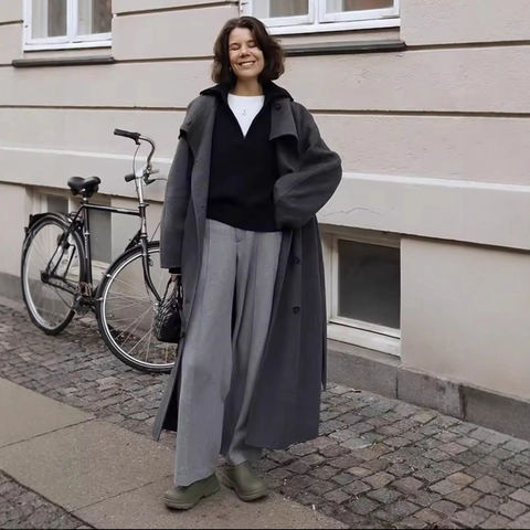 Damen Langer Wollmantel Eleganter Reverskragen Einreihig Einfarbig Oberbekleidung Mode Lässiger Trenchcoat Für Den Winter