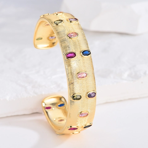 Cuff Armband Koper Met Gekleurde Edelstenen Geborstelde Textuur Vintage Verstelbare Open Bangle Sieraden