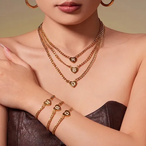 Collana Bracciale Con Pendente Lettera Iniziale Cuore Acciaio Inossidabile Placcato Oro 18K Zircone Catena Cubana