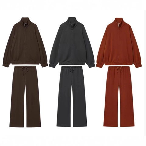 Women Casual Stand Collar Zipper Sweatshirt And Wide Leg Pants Solid Color Long Sleeve Knit Loungewear