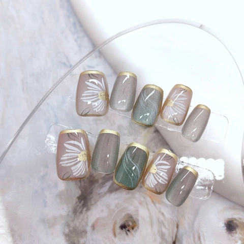 Unghie Finte Press On ABS Occhio Di Gatto Margherita Bianca Bordo Dorato Rimovibile Stile Balletto Corto Manicure Donne