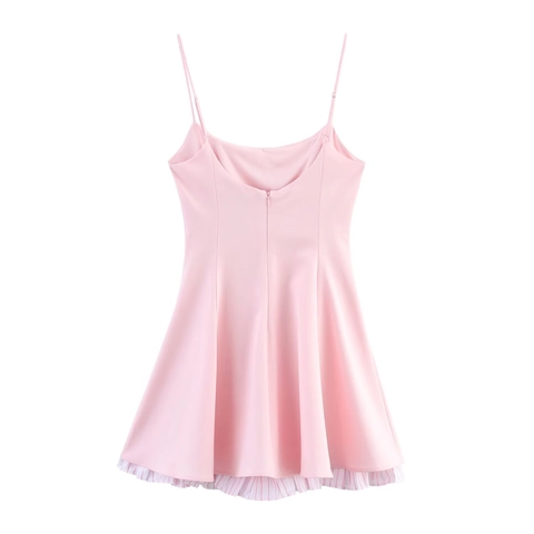 Pink Spaghetti Strap Mini Dress Stripe Patchwork Satin Polyester A-Line Summer Party Elegant Sleeveless