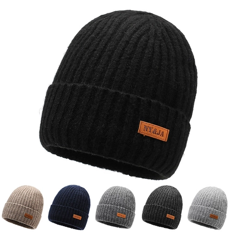 Gorro De Invierno De Punto Acanalado Grueso Con Forro Polar Cálido Resistente Al Viento Informal Para Hombre Mujer Parche Cuero