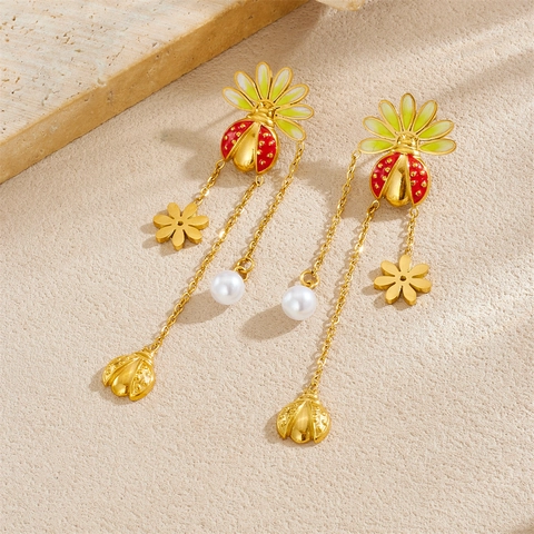 Korean Style Stainless Steel Gold Plated Insect Enamel Earrings For Women Butterfly Bee Ladybug Flower Pendant Jewelry