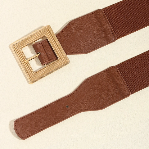 Women Fashion Wide Corset Belt Elastic Stretch Waistband With Square Metal Buckle PU Leather Waist Belt For Dress