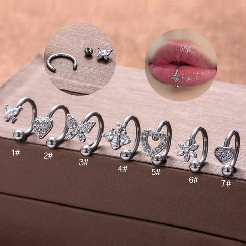 C Shaped Tragus Earring Cartilage Piercing Jewelry Stainless Steel Copper Zircon Inlaid Butterfly Heart Bee Flower Lip Ring