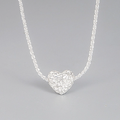 Collier avec Pendentif Cœur en Argent Sterling 925 pour Femme Texture Froissée de Style Coréen Chaîne de Clavicule Irrégulière