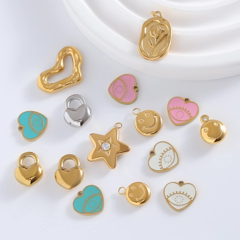 Stainless Steel Charms Pendants DIY Necklace Making Enamel Heart Star Smiley Face Rose Flower 18K Gold Plated Jewelry Findings