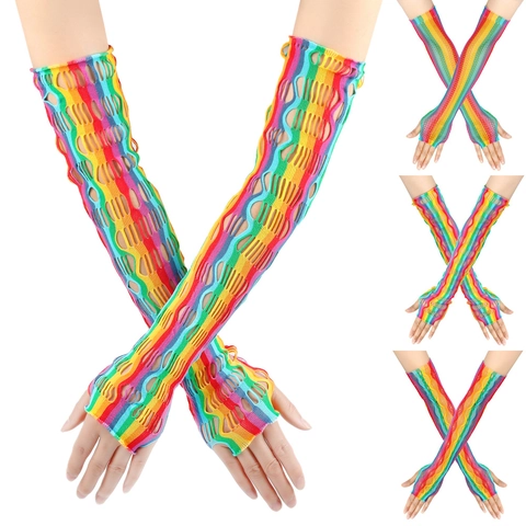 Guantes De Rejilla Arcoíris Largos Sin Dedos Malla Nylon Spandex Elástico Hueco Colorido Para Fiesta Festival Disfraz Estilo Punk