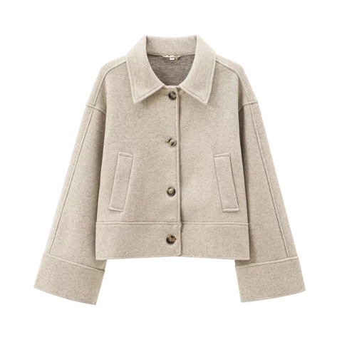 Women Short Woolen Coat Lapel Single Breasted Loose Casual Solid Color Polyester Felt Jacket With Pockets