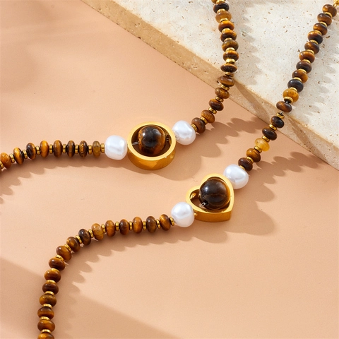 Bracciale Perline Occhio Di Tigre Acciaio Inossidabile Ciondolo Cuore Perla Artificial Accento Gioielli Vintage Boho Per Donne