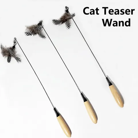 Cat Teaser Wand Interactive Wood Handle Toy With Natural Feather Bell Steel Spring Wire Replaceable Heads For Kitten