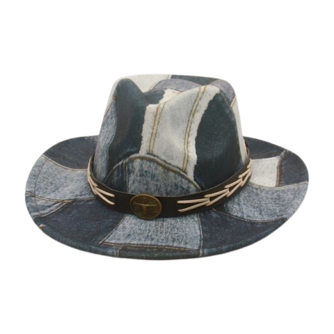 Westerse Cowboyhoed Retro Denim Patchwork Fedora Met Leren Band En Metalen Bull Head Badge Vintage Zonnescherm Accessoire