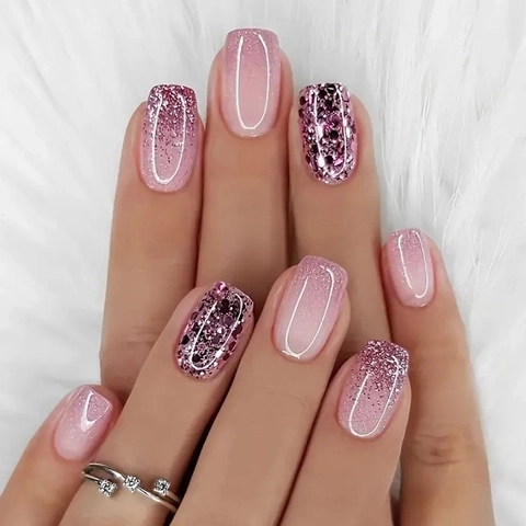Short Square Press On Nails Pink Purple Gradient Glitter Sequins Removable False Nails For Women Artificial Tips