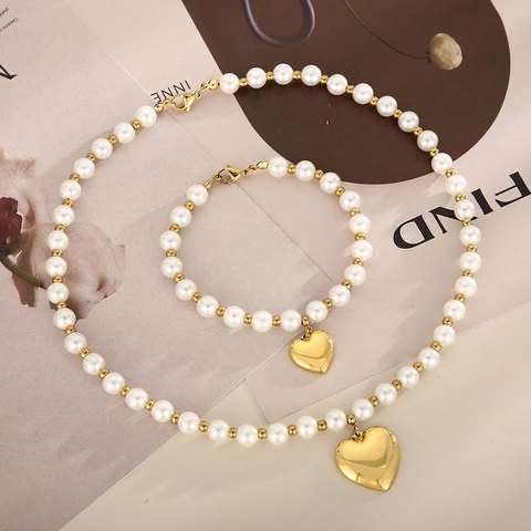 Collar Y Pulsera De Perlas Artificiales Con Colgante De Corazón Acero Inoxidable Retro Francés Joyería Para Mujer