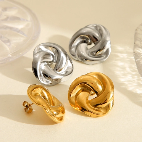 Pendientes De Botón Con Nudo Retorcido Chapado En Oro De 18K Acero Inoxidable Tejido Geométrico Moda Mujer