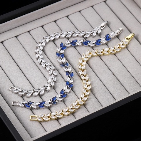 Marquise Zirconia Copper Bracelet For Women Sparkling Rhinestone Leaf Tennis Bracelet Wedding Party Fashion Jewelry Gift