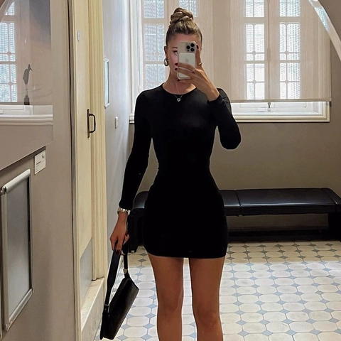 Robe Mini Dos Nu À Manches Longues Noir Polyester Spandex Couleur Unie Col Rond Moulante Fête Sexy Élégant