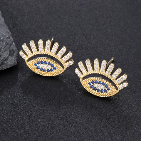 Gold Plated Copper Evil Eye Stud Earrings For Women Exquisite Zirconia Inlaid Colorful Demon Eye Fashion Jewelry Gift