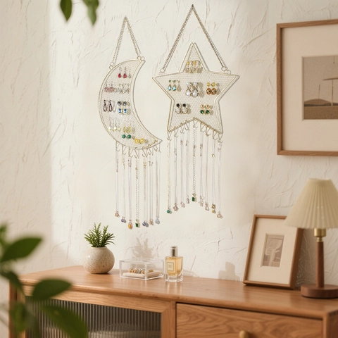 Wall Mounted Jewelry Organizer Rack Metal Iron Mesh Star Moon Shape Grid Hooks Hanging For Earrings Necklace Display