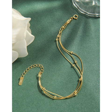 Bracciale Coreano in Argento Sterling S925 a Tre Strati a Catena a Serpente Perla Rotonda Design Geometrico Gioielli Donna