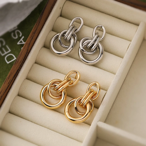 Orecchini Pendenti Con Anelli Intrecciati Rame Placcato Oro Vero Minimalista Geometrico Multi Strato Per Donna