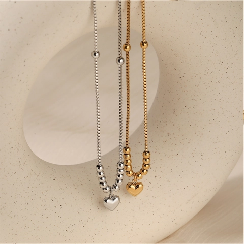 Heart Pendant Necklace PVD Gold Plated Stainless Steel Beaded Box Chain Waterproof Non Tarnish Korean Style For Women