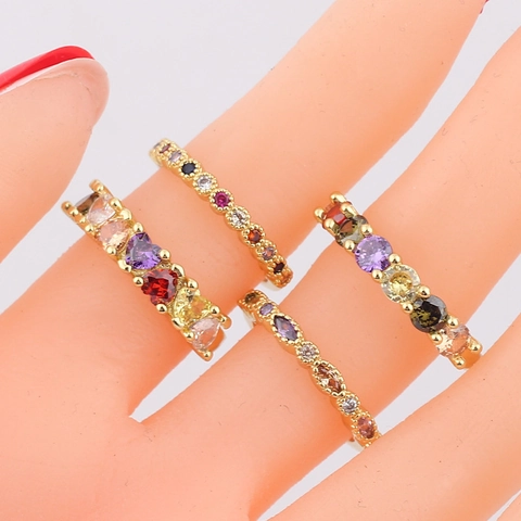 Anillo Abierto De Circonita Arcoíris Colorido Cobre Bañado En Oro 18K Geométrico Corazón Marquesa Ajustable Joyería Mujer