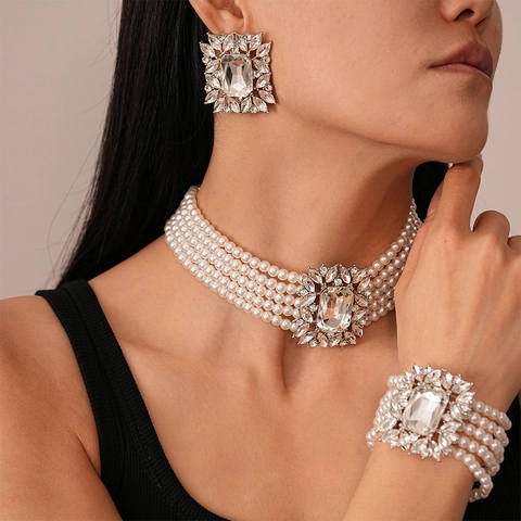 Baroque Multi Layer Artificial Pearl Necklace Crystal Bracelet And Earrings With Silver Earring Post For Women Vintage Court Style