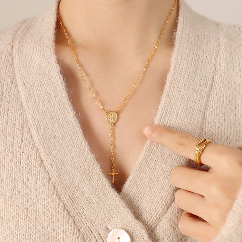 Collar De Rosario En Y Vintage Acero De Titanio Chapado En Oro Cruz Religiosa Medalla Virgen María Colgante Joyas Mujer
