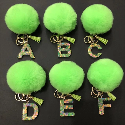 Resin Initial Letter Keychain With Faux Fur Pompom And Tassel Glitter Alphabet Bag Charm For Women Fashion Accessory