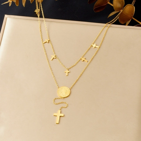 Edelstahl Zweilagige Halskette Mit Kreuzanhängern Und Religiöser Medaille Modeschmuck Accessoires Für Frauen