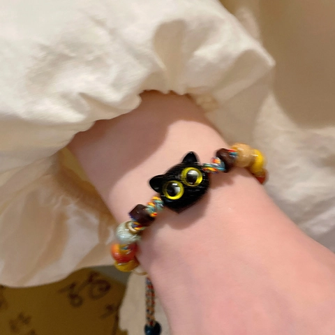 Cute Black Cat Ceramic Beaded Bracelet For Women Girls Adjustable Colorful Braided Rope Sweet Ethnic Style Jewelry