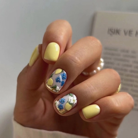 Glanzende Press On Nagels Gele Citroen Retro Bloemenprint Kort Vierkant Rond Volledige Dekking Kunstnagels Zomer Vrouwen