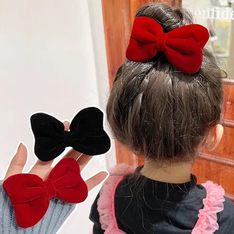 Velvet Bow Hair Clips For Kids Girls Elegant Red Black Chinese Style New Year Festive Hairpins Hair Accessories