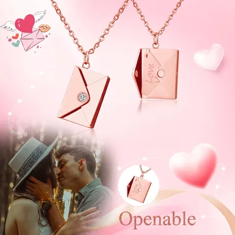 Stainless Steel Envelope Locket Necklace Romantic Love Letter Pendant With Rhinestone Openable Fashion Jewelry Gift For Women