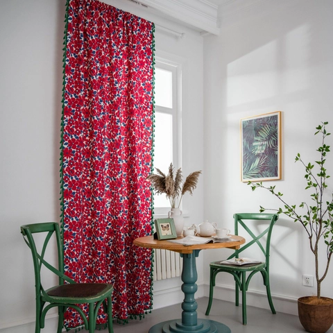 Floral Printed Cotton Linen Curtains With Green Tassel Edge Semi Shading Decorative Window Drapes Bohemian Style