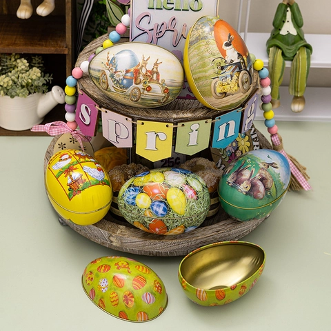 Caja De Hojalata Con Forma De Huevo De Pascua Estuche De Almacenamiento De Metal Para Dulces Regalos Con Patrones De Conejo Pollo