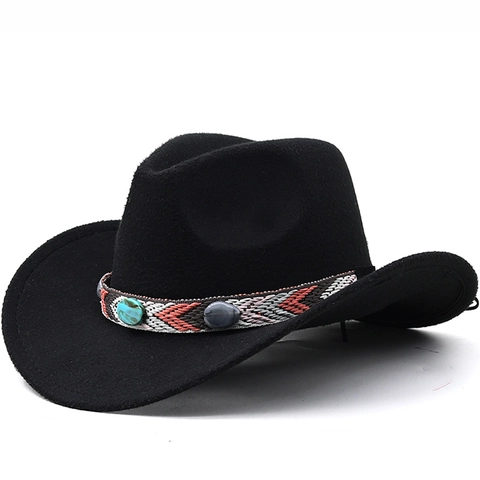Cappello Da Cowboy Western Vintage Feltro Fedora A Tesa Larga Con Fascia Intrecciata Di Perline Turchesi Etnico Jazz