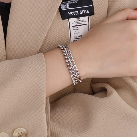 Layered Figaro And Cuban Link Chain Bracelet Polished Stainless Steel Minimalist Jewelry For Men And Women