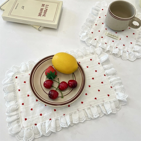 Lace Edge Cotton Linen Placemat Coaster Heart Pattern Embroidered Table Decor Ins Style Vintage