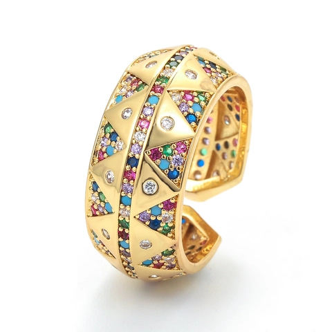 Geometric Triangle Adjustable Ring Copper Plated 18K Gold Multicolored Cubic Zirconia Bohemian Ethnic Style Jewelry
